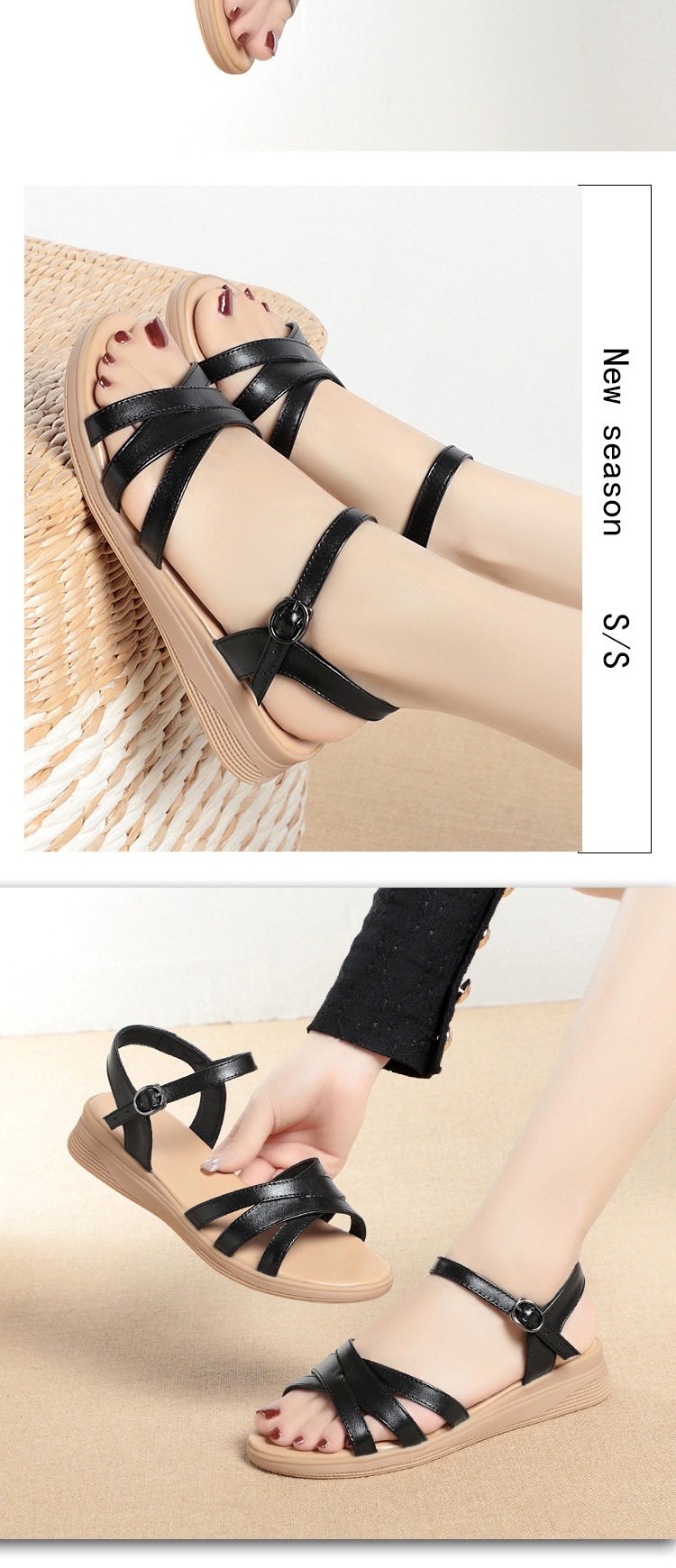 Dép Sandal Nữ Quai Chéo Da Bóng Đế Mềm Chống Trượt Đế Cao 3cm - 4cm Màu Bạc, Đen chi tiết 11