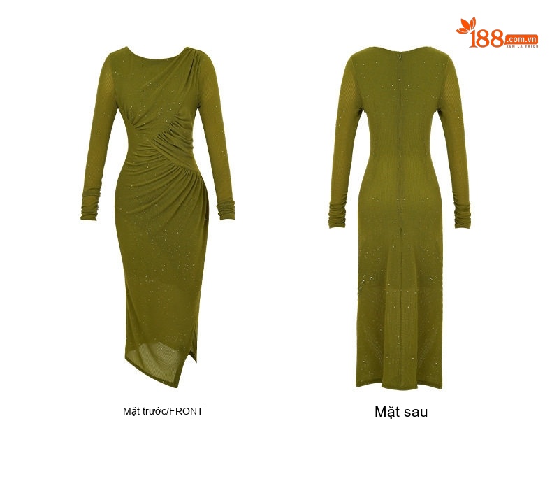 Váy Đầm Nữ Dài Tay Thiết Kế Pháp, Dáng Ôm, Xếp Ly, Bất Đối Xứng Màu Xanh Olive chi tiết 5