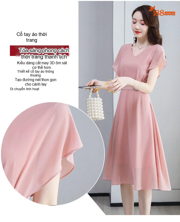Váy Liền Thân Nữ Cổ chữ V Tay Ngắn Thanh Lịch Màu Đen, Tím, Hồng chi tiết 11