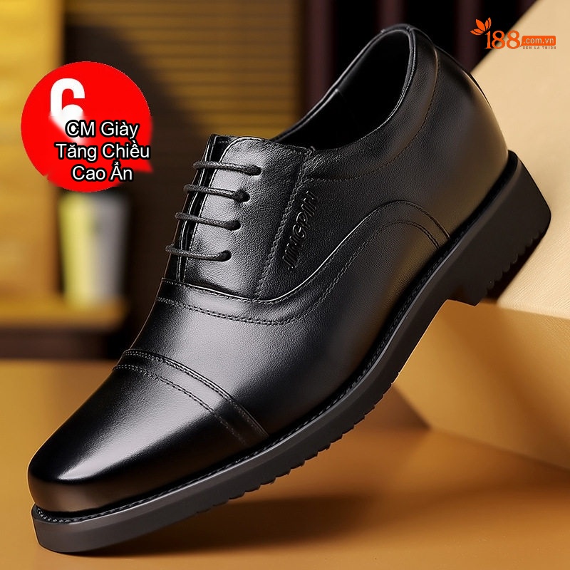 Giày Tây Buộc Dây Nam Da Thật Tăng Chiều Cao 6cm Phong Cách Công Sở Màu Đen