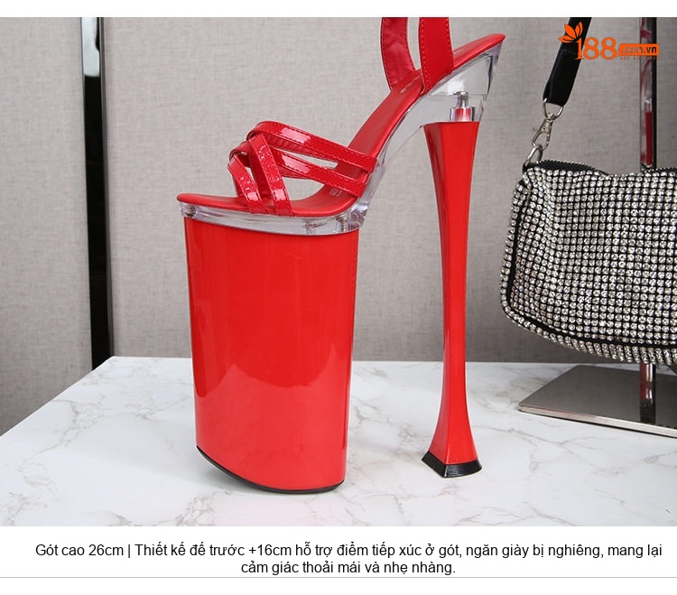 Giày Sandal Cao Gót Nữ Quai Ngang Hở Ngón Da Bóng Đính Đá Gót Cao 26cm Màu Đen, Đỏ, Trắng chi tiết 5