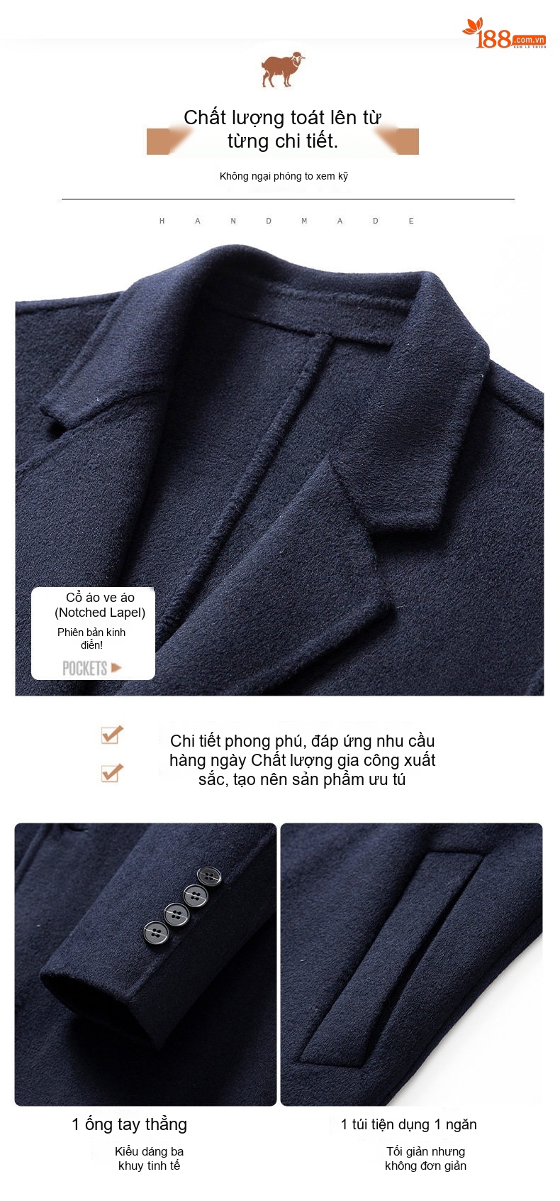 Áo Khoác Dạ Nam Hai Mặt Dáng Dài Vừa Phong Cách Business Casual Màu Đen, Xanh Navy chi tiết 8