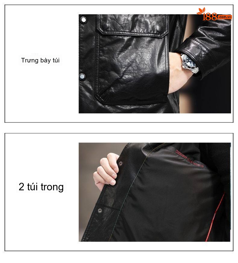 Áo Khoác Da Thật Nam Cổ Bẻ Dáng Ôm Vừa Vặn Màu Đen chi tiết 21