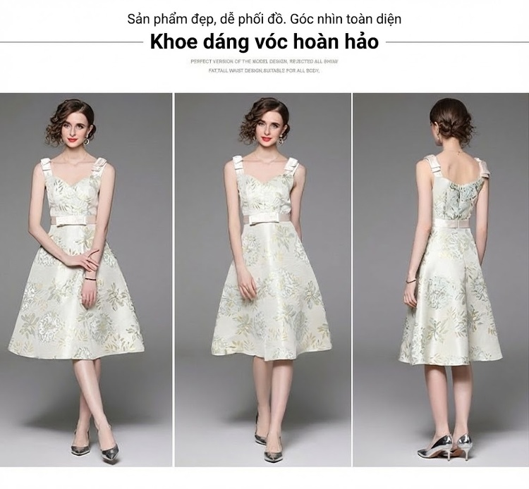 Váy Dạ Hội Nữ Dáng Xòe Hai Dây Phong Cách Pháp Màu Trắng Kem Họa Tiết chi tiết 10