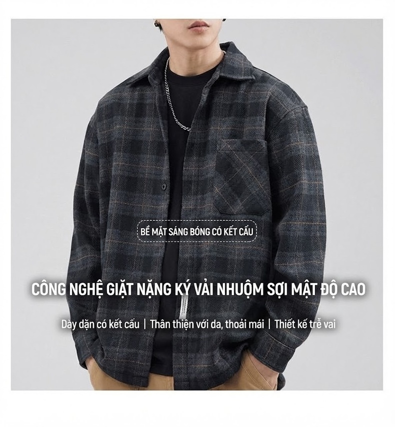 Áo Sơ Mi Nam Kẻ Caro Dáng Rộng Tay Dài Chất Liệu Mài Lông Màu Xám, Xanh chi tiết 5