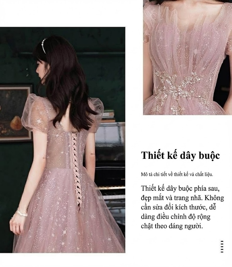 Váy Dạ Hội Dáng Dài Tay Ngắn Màu Hồng chi tiết 4