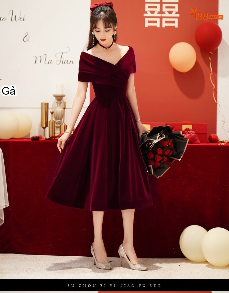 Váy Dự Tiệc Cưới Hở Vai dáng chữ A Che Bụng Cho Bà Bầu Màu Đỏ Rượu Vang, Đen chi tiết 13