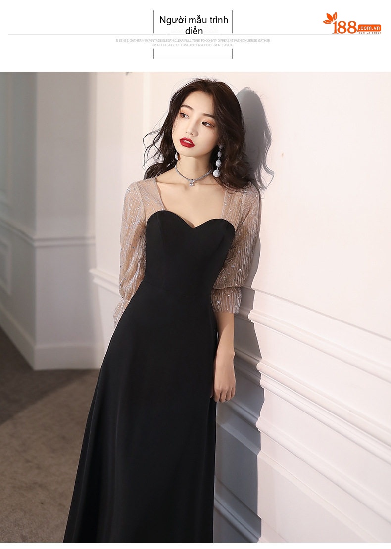 Váy Dạ Hội Nữ Phong Cách Pháp Hepburn Cổ Điển, Tay Lỡ Màu Đen chi tiết 7