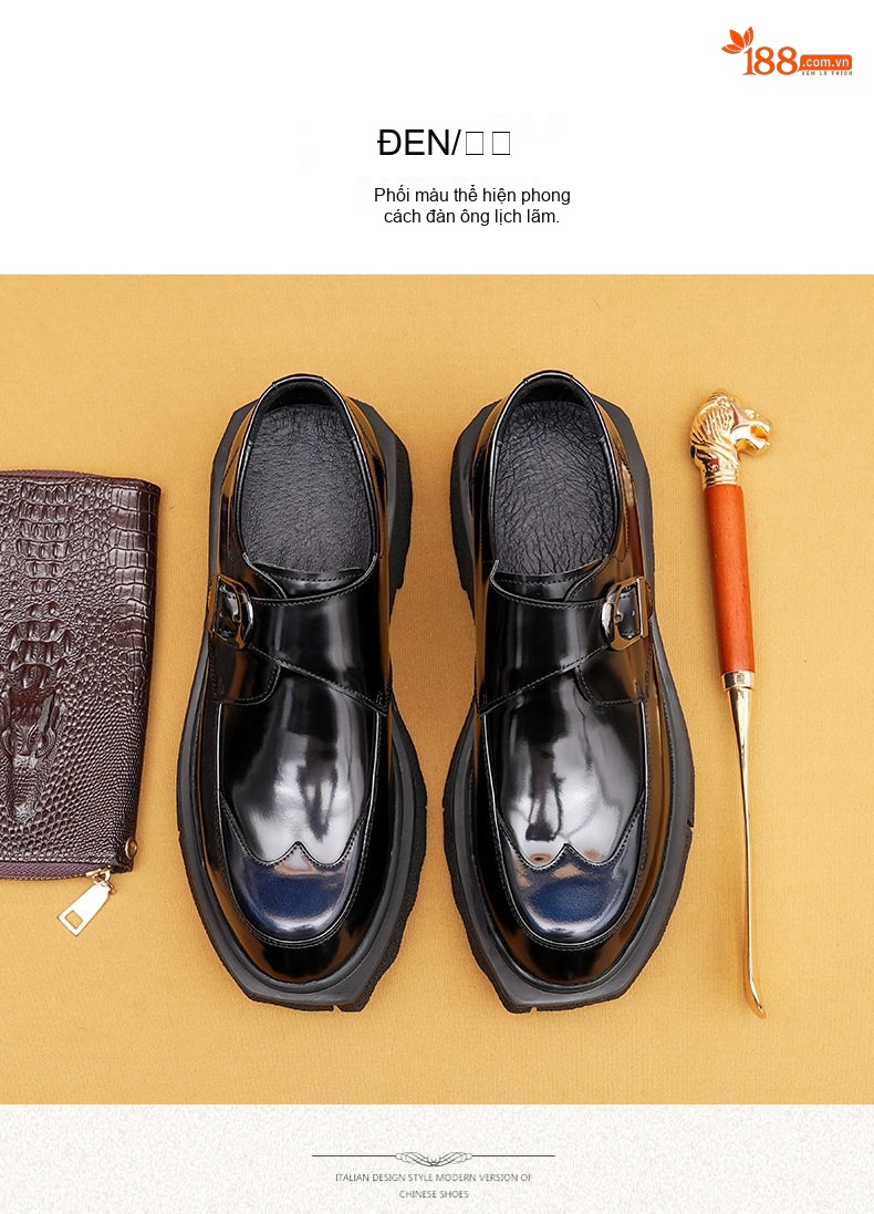 Giày Monkstrap Khóa Cài Nam Da Bò Chiều Cao Đế Khoảng 5cm Màu Đen, Nâu chi tiết 12