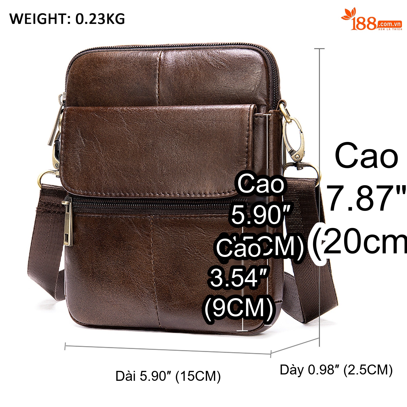 Túi Đeo Chéo Nam Da Bò Thật Phong Cách Casual Màu Nâu, Đen