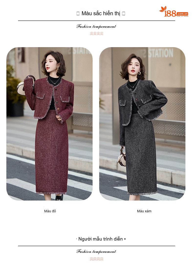Set Áo Khoác và Chân Váy Tiểu Thư Phong Cách Pháp Thanh Lịch Màu Đỏ chi tiết 9