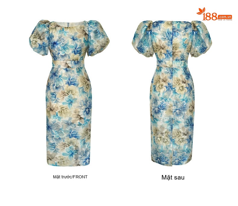 Váy Ôm Body Nữ Tay Bồng Cổ Tròn Họa Tiết Hoa Xanh, Trắng chi tiết 5