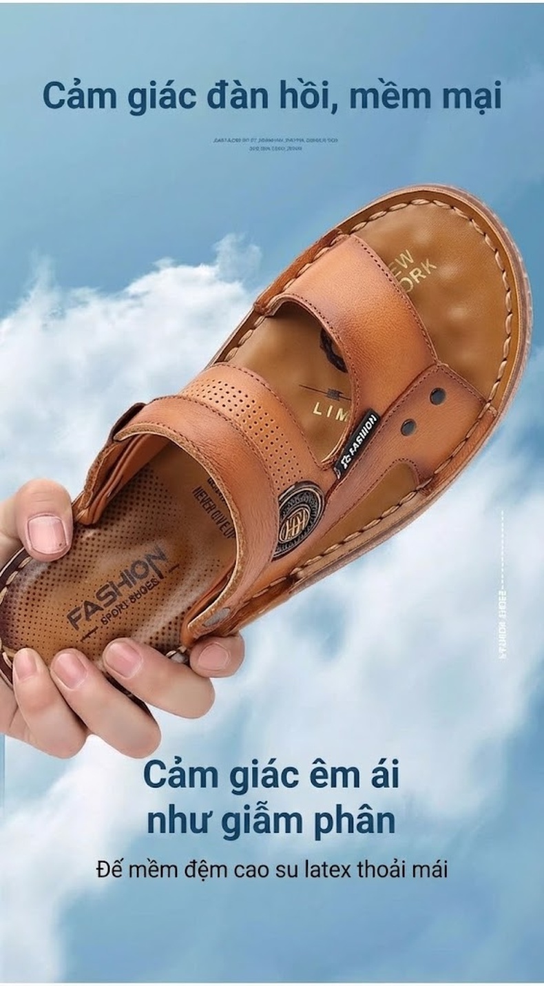 Dép Sandal Nam Da Thật Chống Trượt Thoáng Khí Chiều Cao Đế Khoảng 2cm Màu Nâu, Đen chi tiết 2