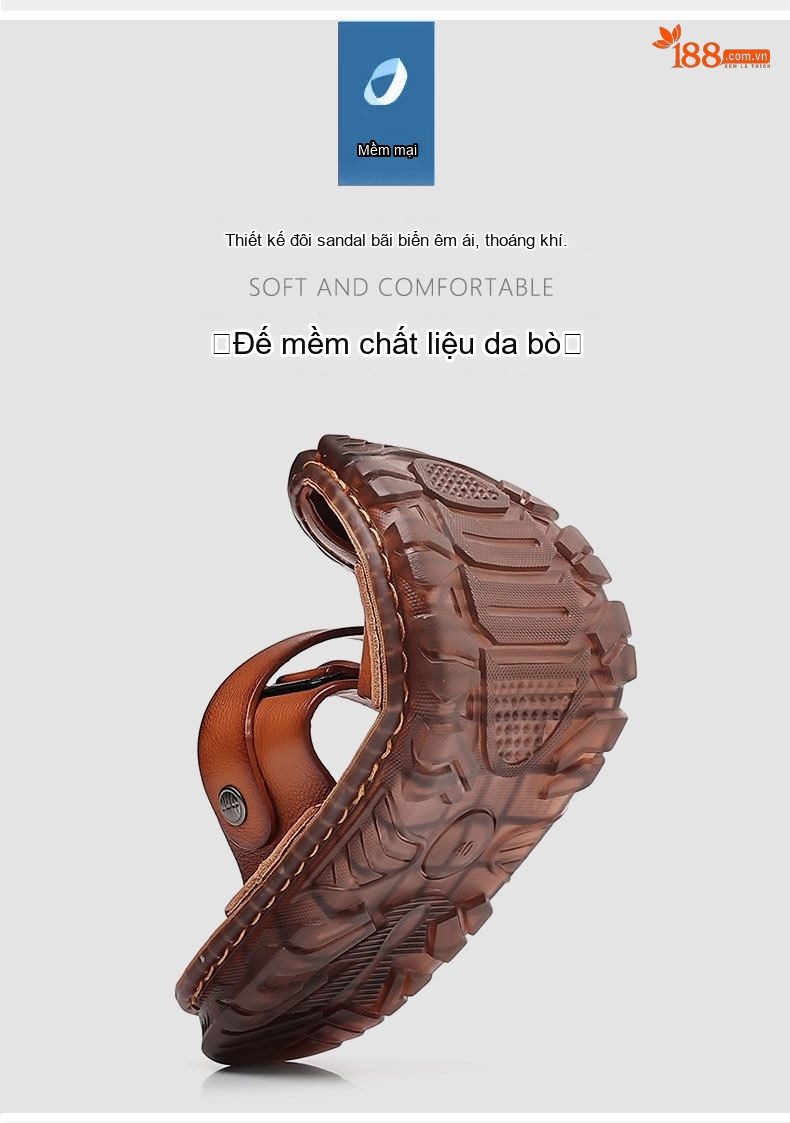 Dép Sandal Nam Da Bò Bít Mũi Thoáng Khí Chiều Cao Đế Khoảng 2cm Màu Nâu, Đen chi tiết 6