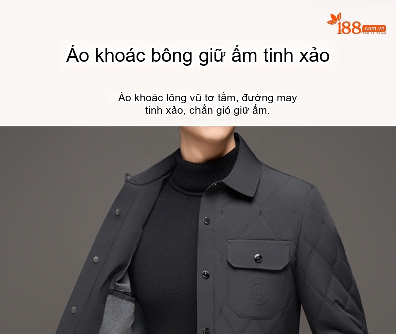 Áo Khoác Bông Nam Trung Niên Dáng Dài Vừa Cổ Bẻ Giữ Ấm Cotton Màu Xám, Đen chi tiết 6