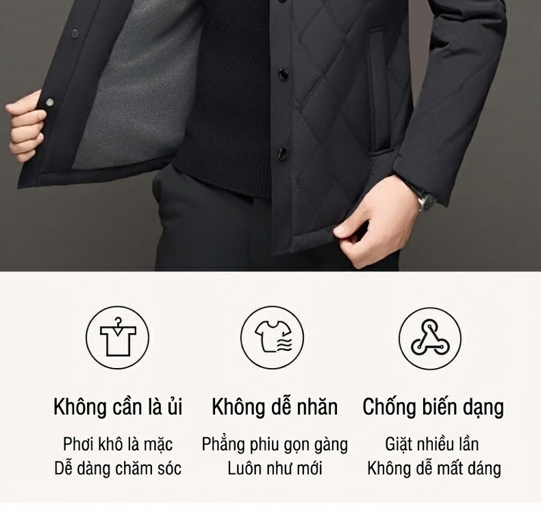 Áo Khoác Bông Nam Trung Niên Dáng Dài Vừa Cổ Bẻ Giữ Ấm Cotton Màu Xám, Đen chi tiết 7