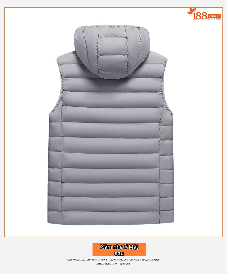 Áo Gile Bông Nam Có Mũ Trùm Đầu Tháo Rời 100% Polyester Màu Đen, Xám, Xanh Lam, Xanh Đậm... chi tiết 17