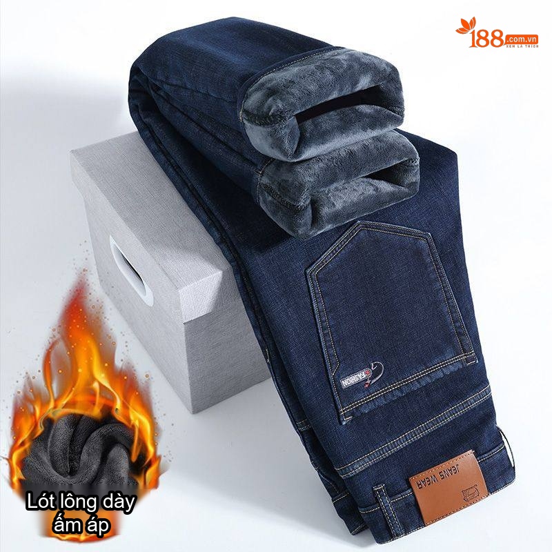 Quần Jean Nam Ống Đứng Lót Lông Dày Dặn Dáng Rộng Phong Cách Lịch Sự Màu Xanh, Đen