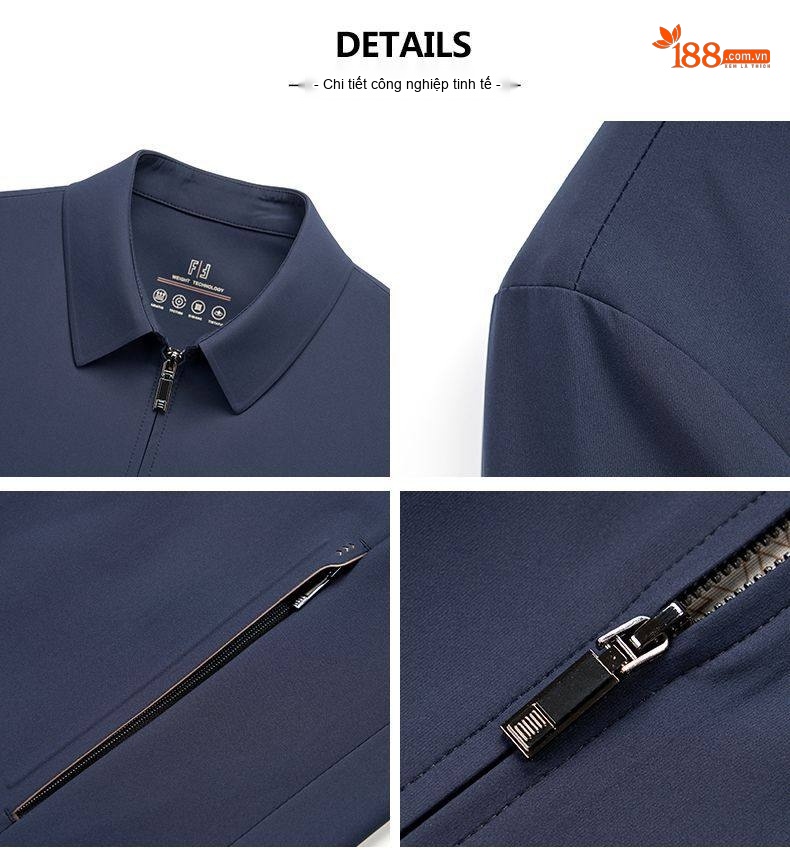 Áo Khoác Nam Cổ Bẻ Khóa Kéo Phong Cách Doanh Nhân Màu Xanh Navy chi tiết 6
