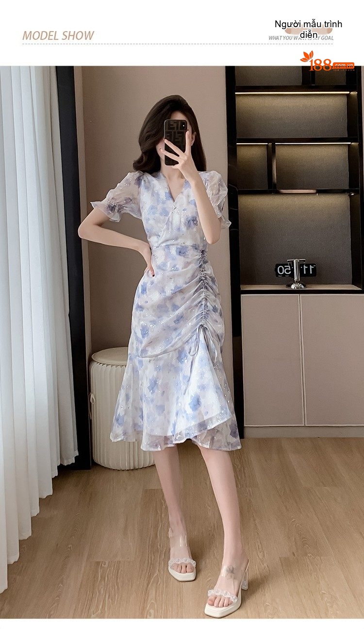 Váy Xòe Nữ Voan Hoa Nhí Tay Ngắn Cổ chữ V Chân Váy Bèo Nhún Eo Thun Dáng Ngắn Màu Trắng Xanh chi tiết 9