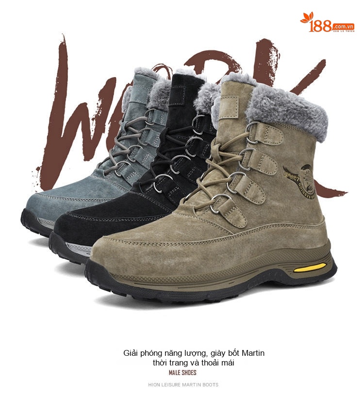 Giày Boot Nam Cổ Cao Da Mờ Lót Lông Chiều Cao Đế Khoảng 3cm Màu Đen, Xám, Xanh Rêu chi tiết 2