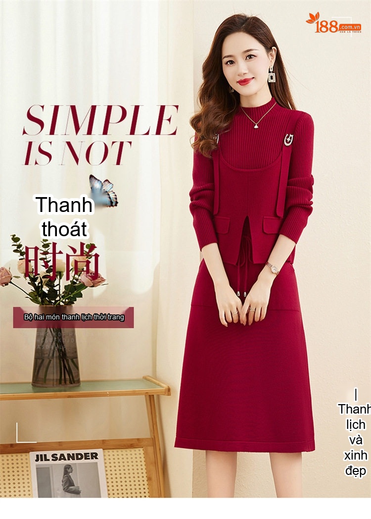 Set Váy liền thân Nữ Dệt Kim Áo Khoác Lửng Xẻ Tà Phong Cách Thanh Lịch Màu Be, Nâu, Tím, Đỏ chi tiết 1
