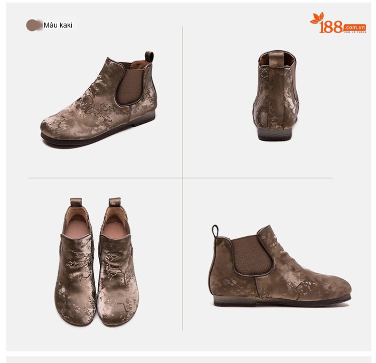 Boot Nữ Cổ Ngắn Vải Lụa Họa Tiết Vintage Chiều Cao Đế Khoảng 1cm Màu Nâu, Đen chi tiết 18
