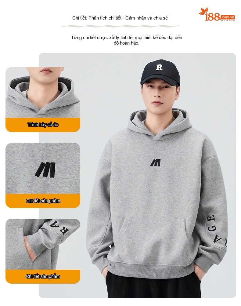 Áo Hoodie Nam Nữ Form Rộng Dáng Oversize Cotton Dày Dặn Màu Đen, Xám, Ghi chi tiết 3