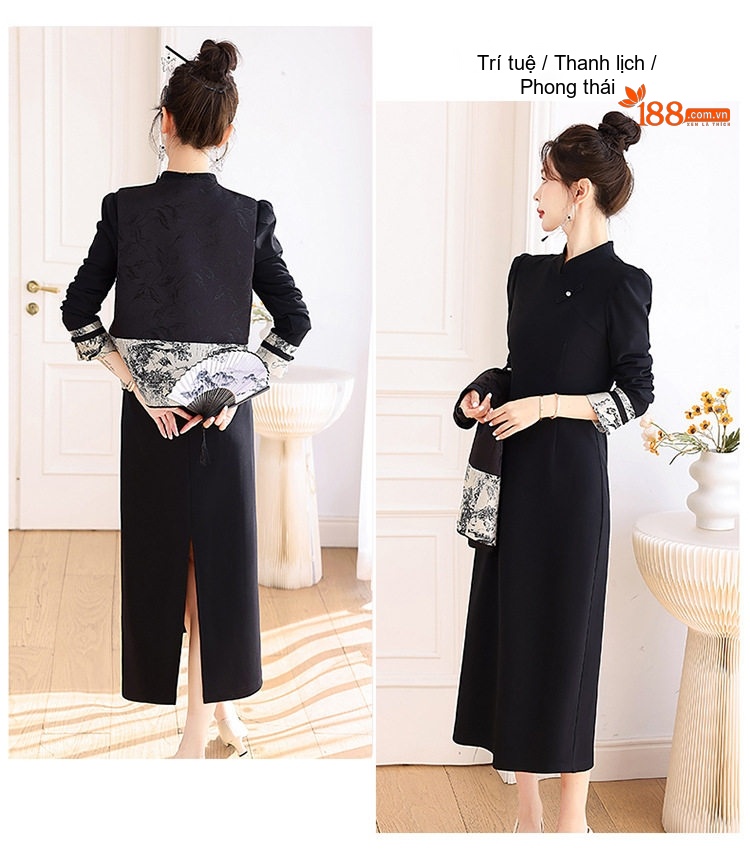 Set Áo Khoác và Chân Váy Dáng Ôm Họa Tiết Thêu Thanh Lịch Màu Đen chi tiết 15