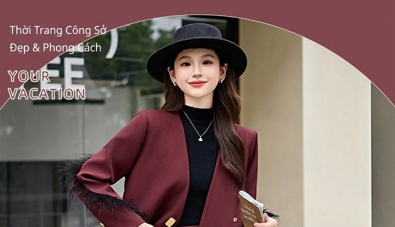 Set Áo Blazer Tay Lông và Chân Váy Nữ Phong Cách Hàn Quốc Màu Đỏ Rượu Vang, Đen chi tiết 1
