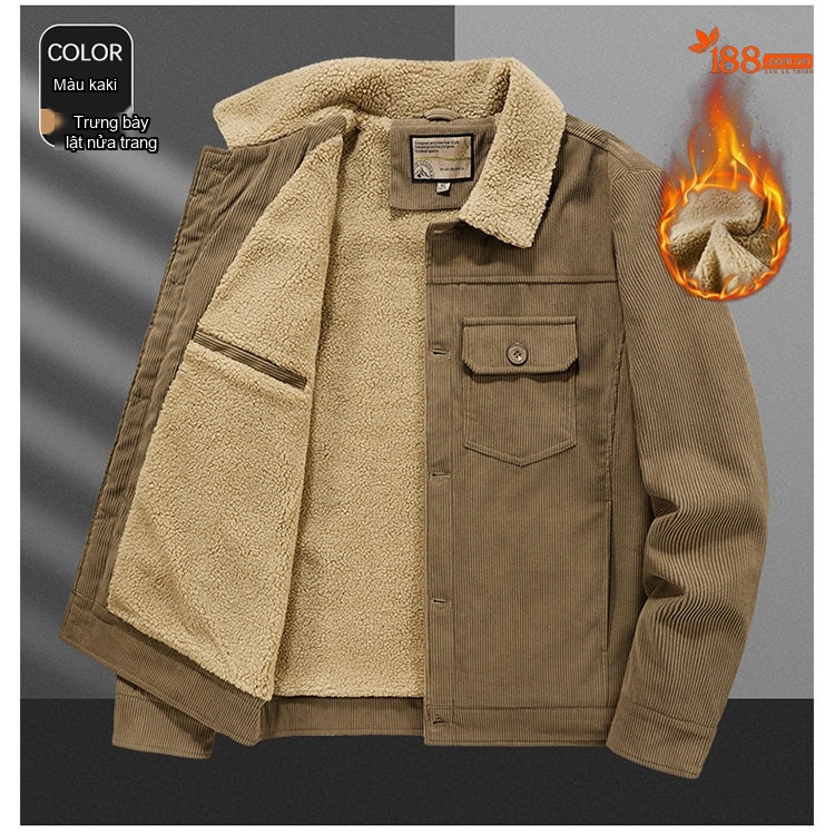 Áo Khoác Bông Nam Dáng Rộng Cổ Bẻ Lót Lông Cừu Non Vải Cotton Gân Màu Đen, Xanh Rêu, Nâu chi tiết 14