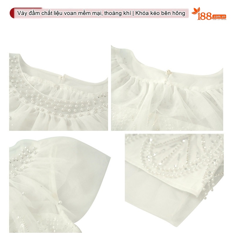 Đầm Dự Tiệc Thiết Kế Tiểu Thư Cổ Tròn Tay Bồng Đính Kim Sa Lấp Lánh Màu Trắng chi tiết 4
