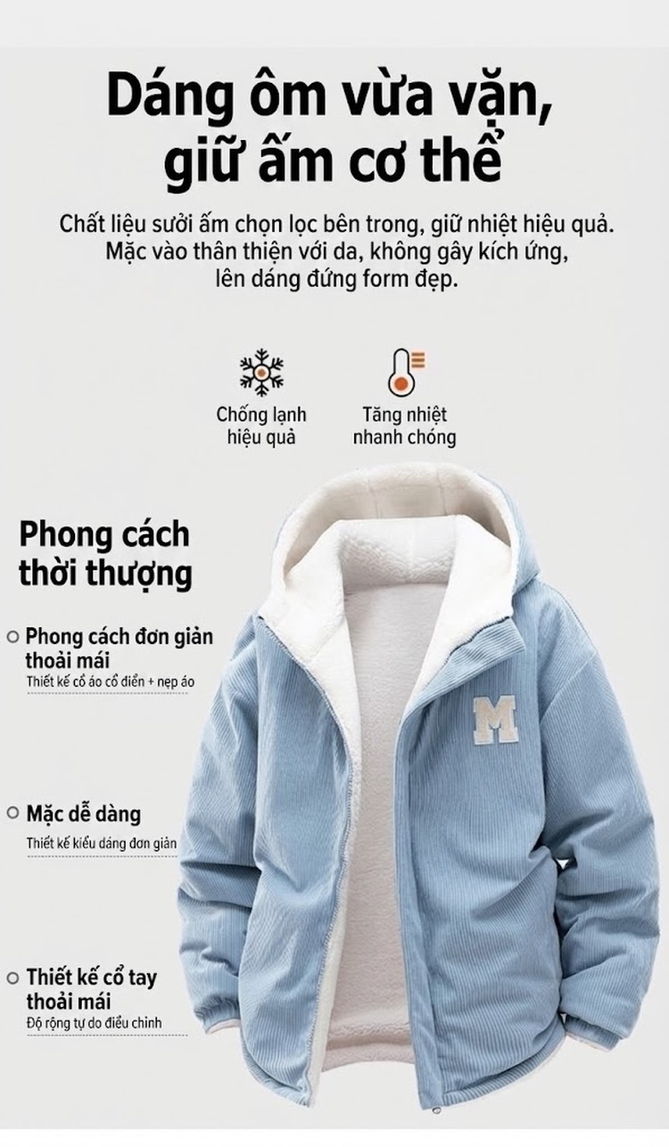 Áo Khoác Cotton Lót Lông Cừu Non Có Mũ Trùm Đầu Dáng Rộng Nam Nữ Màu Đen, Xanh, Tím, Kem... chi tiết 5