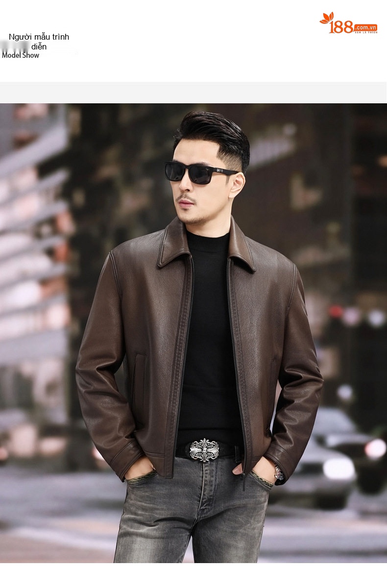 Áo Khoác Da Cừu Nam Cổ Bẻ Dáng Bomber Phong Cách Retro Màu Nâu chi tiết 7