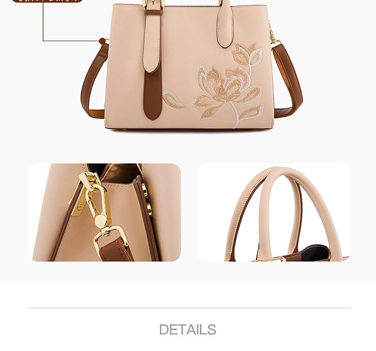 Túi Xách Tay Nữ Thêu Họa Tiết Hoa Sen Phong Cách Cổ Điển Da Bóng Màu Kem, Nâu chi tiết 6