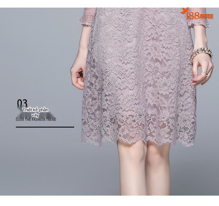 Váy liền thân Nữ Lưới Thêu Hoa Viền Ren Cổ Bèo Tay Lỡ Đính Đá Màu Tím chi tiết 9