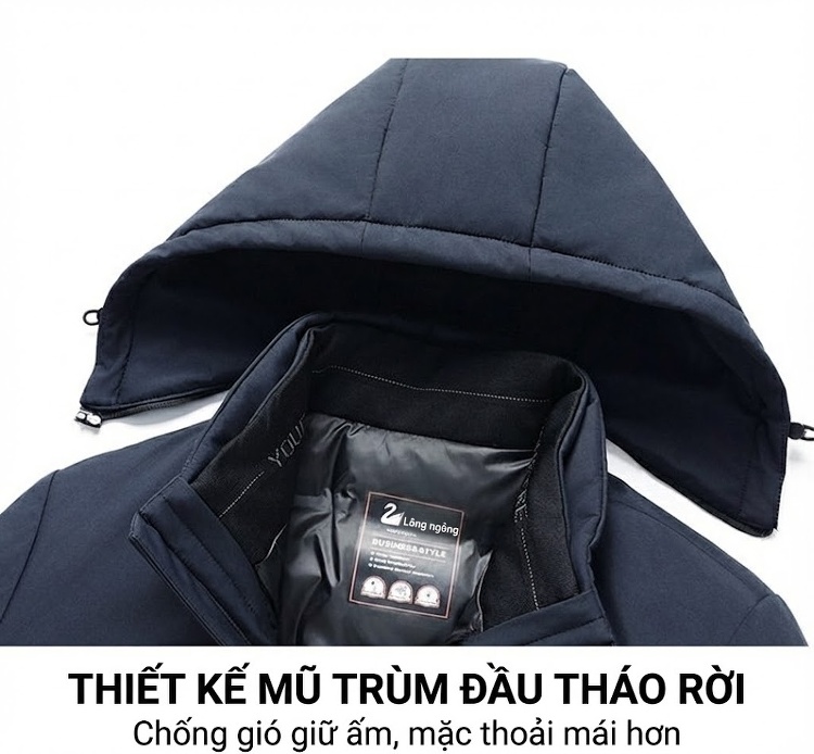 Áo Khoác Phao Nam Lông Ngỗng 90 Kiểu Dáng 5 in 1 Tháo Rời Mũ Màu Đen, Xanh Navy chi tiết 27