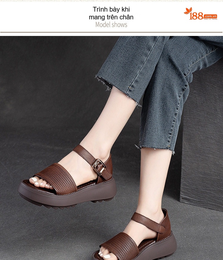 Dép Sandal Nữ Da Bò Hở Mũi Thoáng Khí Quai Hậu Khóa Cài Đế Cao 4cm - 5cm Màu Đen, Nâu, Kem chi tiết 7