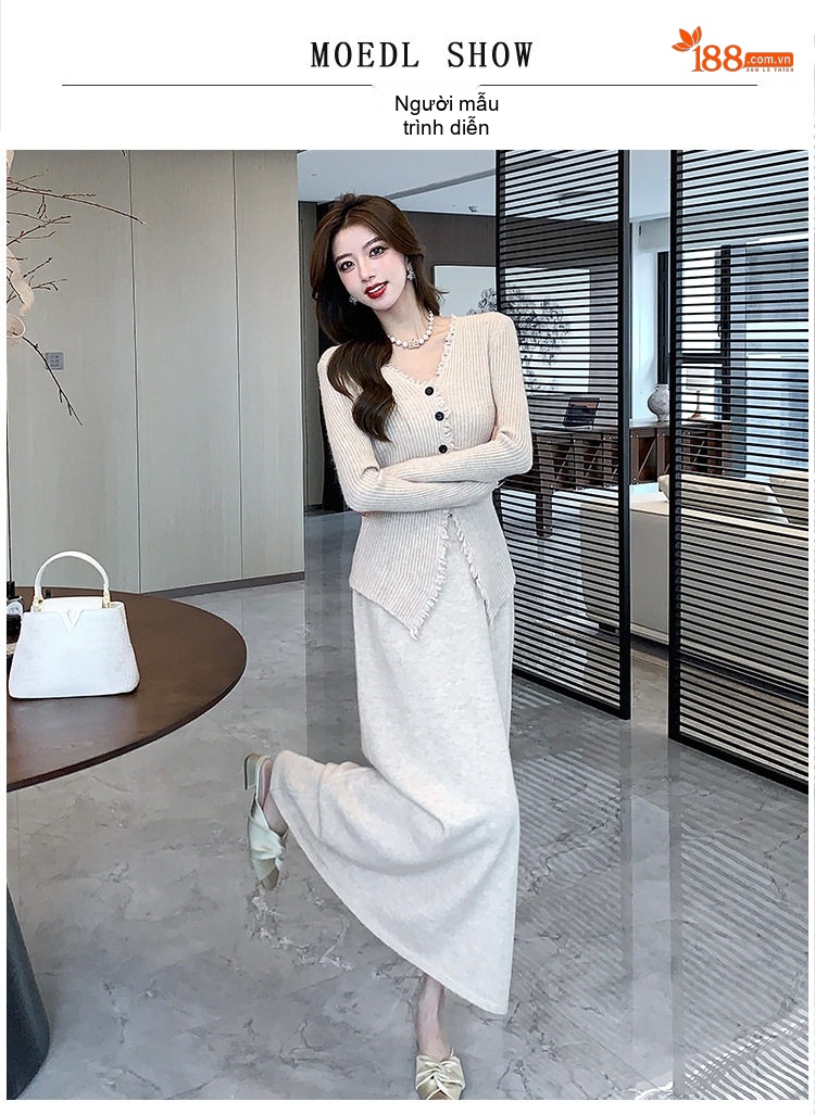 Set Áo Len Dệt Kim Cổ chữ V và Chân Váy Midi dáng chữ A Thanh Lịch Màu Be, Đen, Xám chi tiết 7