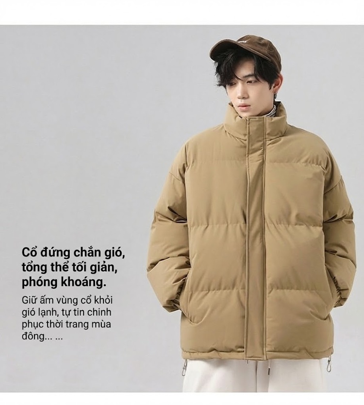 Áo Khoác Cotton Nam Nữ Dáng Rộng Cổ Trụ Chống Thấm Nước Mùa Đông Màu Xám Đậm, Tím, Đỏ, Xanh Lá... chi tiết 3