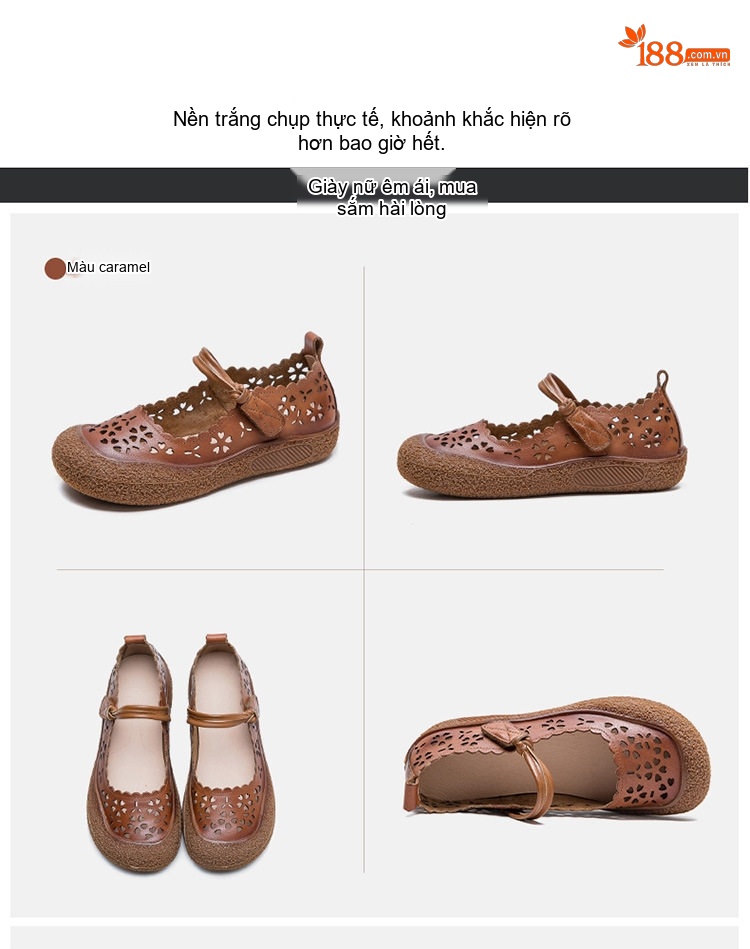 Giày Búp Bê Nữ Da Mờ Lỗ Thoáng Khí Chiều Cao Đế Khoảng 3cm Màu Nâu, Kem chi tiết 16