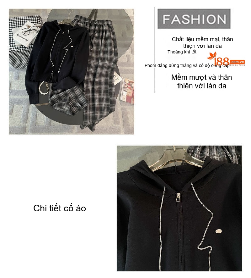 Set Bộ Áo Khoác Lửng Nữ Quần Ống Rộng Caro Phong Cách Trẻ Trung Màu Đen, Xám chi tiết 6