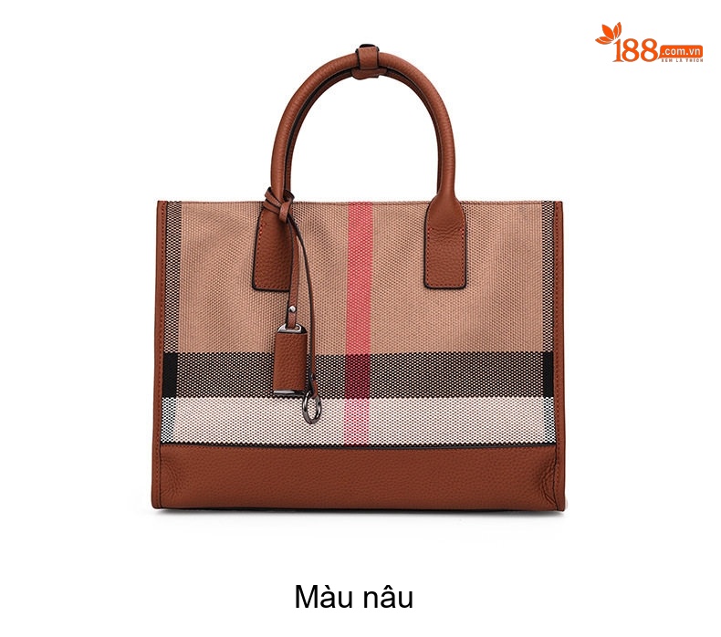 Túi Tote Nữ Vải Canvas Họa Tiết Kẻ Ô Cao Cấp Phối Da Màu Nâu chi tiết 4