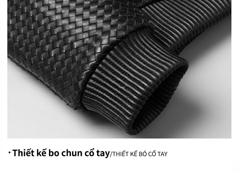 Áo Khoác Da Cừu Nam Dáng Bomber Đan Vi Tinh Tế Lót Bông Dày Dặn Màu Đen chi tiết 17