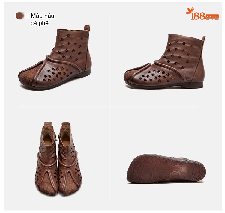 Boot Nữ Da Bò Cao Cổ Khoét Lỗ Thoáng Khí Chiều Cao Đế Khoảng 2cm Màu Nâu, Vàng chi tiết 18