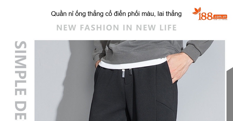 Quần Dài Nam Cotton Dáng Suông Ống Rộng Lưng Thun Có Dây Rút Màu Đen, Xám, Xanh Navy chi tiết 1