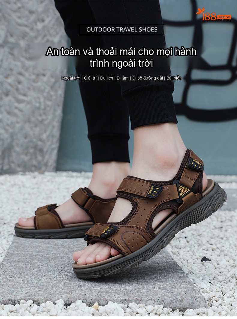 Sandal Nam Da Bò Hở Ngón Thoáng Khí Chiều Cao Đế Khoảng 3cm Màu Nâu, Đen chi tiết 1