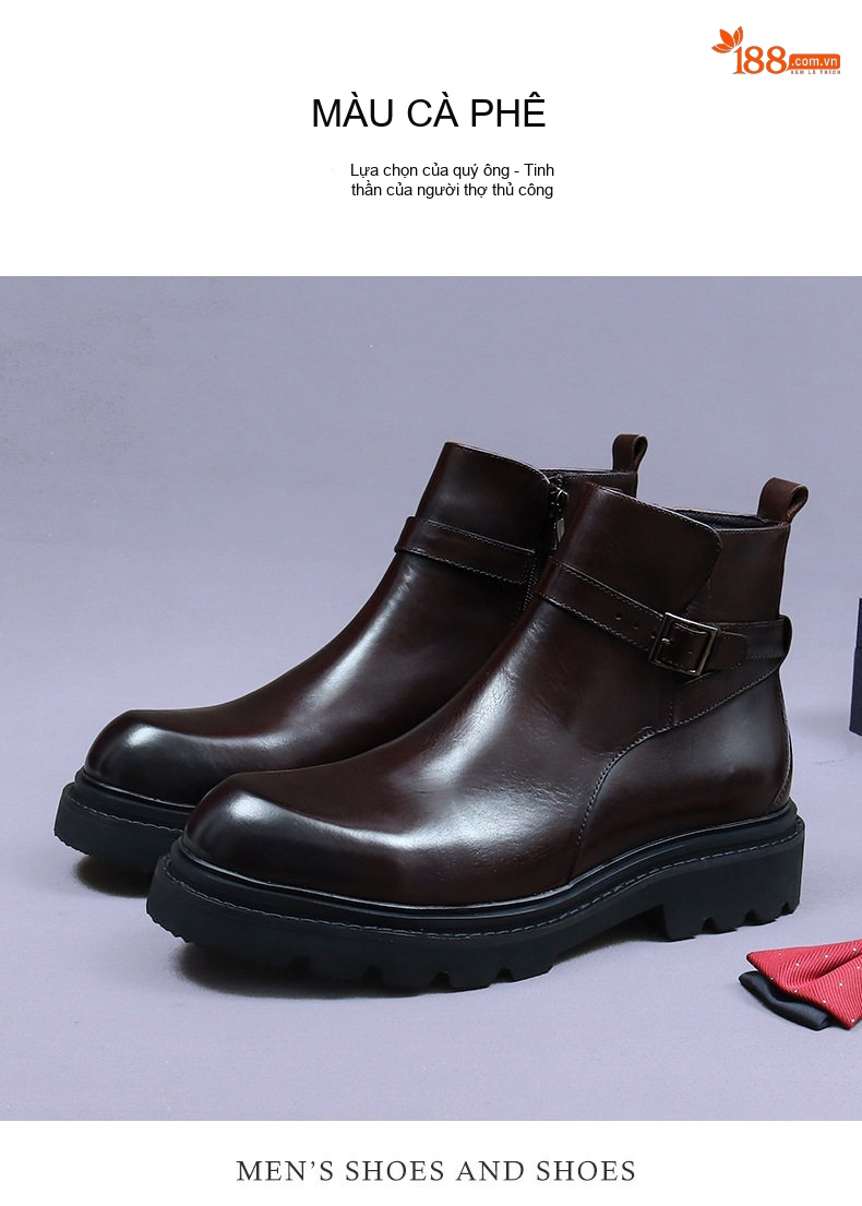 Boot Chelsea Nam Da Thật Khóa Kéo Chiều Cao Đế Khoảng 4cm Màu Đen, Nâu chi tiết 3