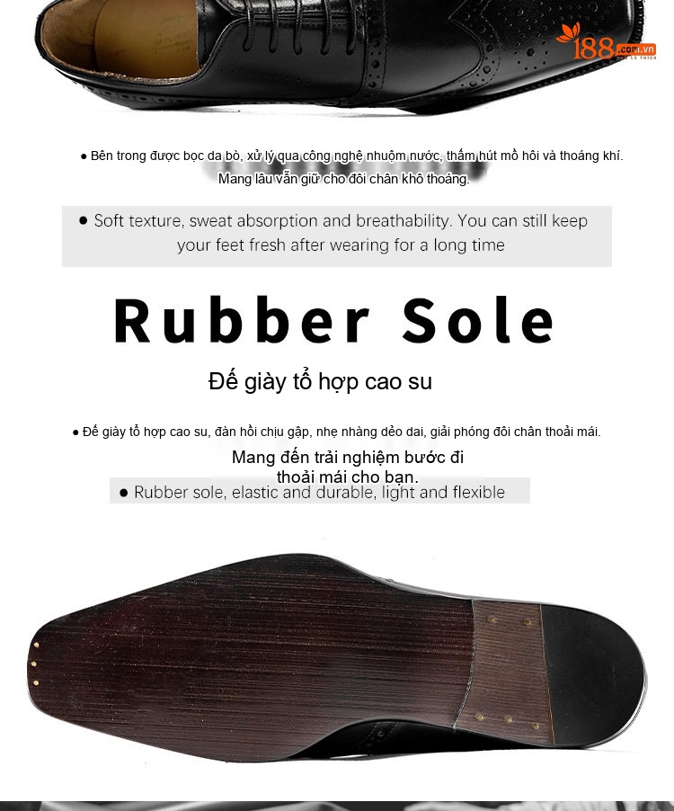 Giày Tây Buộc Dây Nam Da Bò Mũi Vuông Chiều Cao Đế Khoảng 3cm Màu Đen chi tiết 11