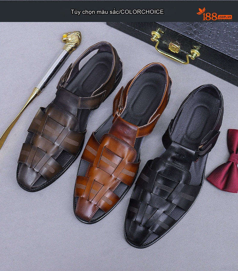 Sandal Nam Da Bò Chiều Cao Đế Khoảng 2cm Quai Khóa Màu Nâu, Đen chi tiết 2